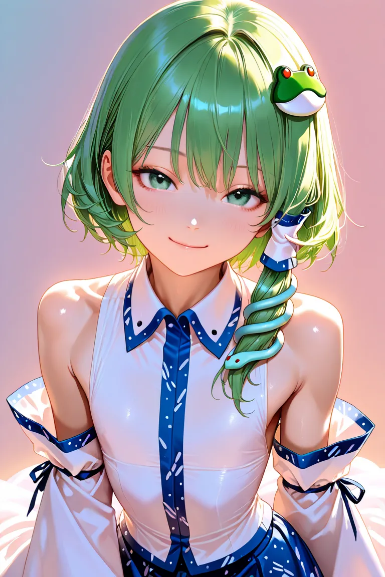 1boy, male focus, solo, otoko no ko,smile,1girl, kochiya sanae, touhou,A trap character with androgynous facial features, short hair, slender yet slightly muscular build, flat chest, narrow waist, wearing stylish feminine clothes (skirt and blouse), mascul...