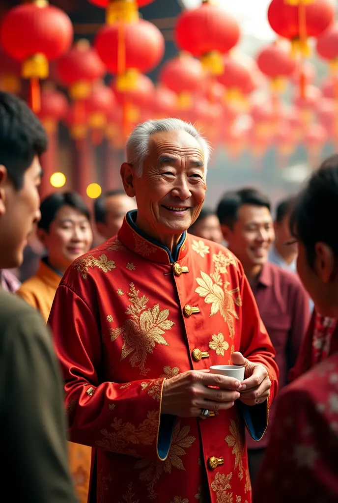 A sophisticated 80-year-old Chinese man at a lively traditional celebration, dressed in an elegant Tang-style silk shirt with golden embroidery. His hair is neatly tied back or styled, and he has a dignified yet approachable expression. He holds a small po...