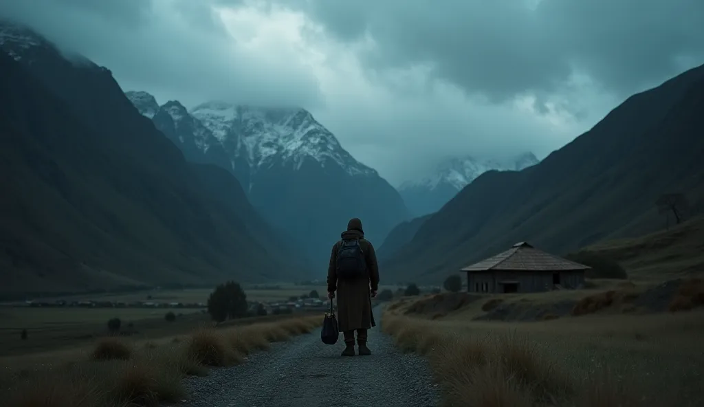 "A dramatic scene of a man traveler standing at the edge of the Andean village, looking into the distance. Mountains loom in the background, the sky dark and overcast. The traveler carries a small bag, hesitating, knowing they must leave. The village behin...