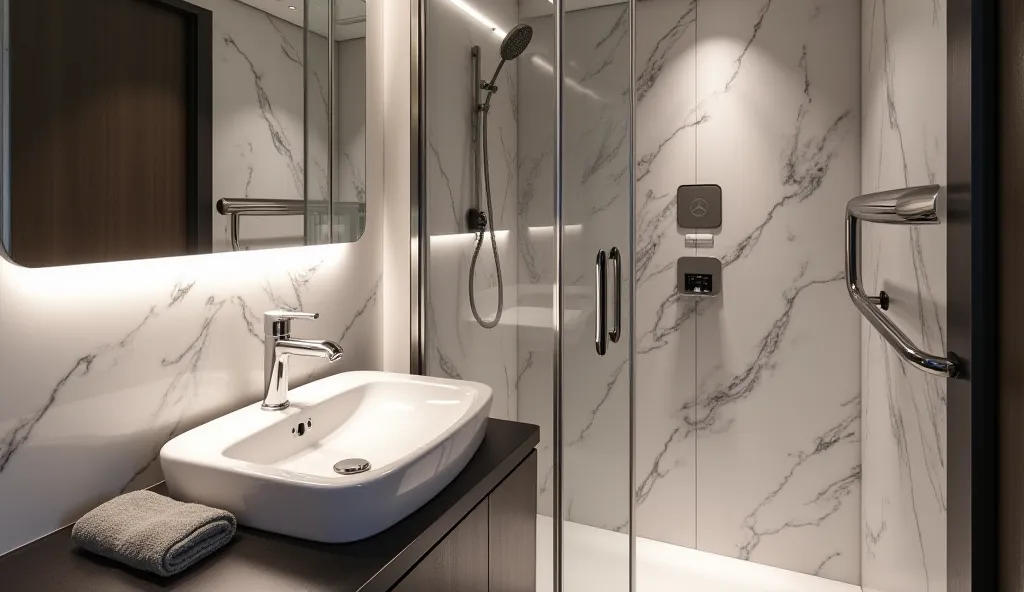 "The Mercedes-Benz Sprinter Luxury Camper Van features a compact yet ultra-stylish washroom inside a high-end showroom. The washroom has marble-finished walls, a modern sink with a premium faucet, and a sleek LED-backlit vanity mirror. A glass-enclosed rai...