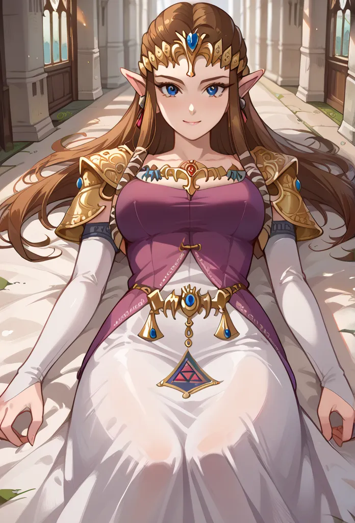 score_9, score_8_up, score_7_up, 1girl solo, tpzlda, dress, large breasts, lost series of battles:1.3, lying, on her back, defeated and raped, slight smile, close-up, looking at you, castle, medieval arquitecture, Zelda accepting defeat, outside in hallway...