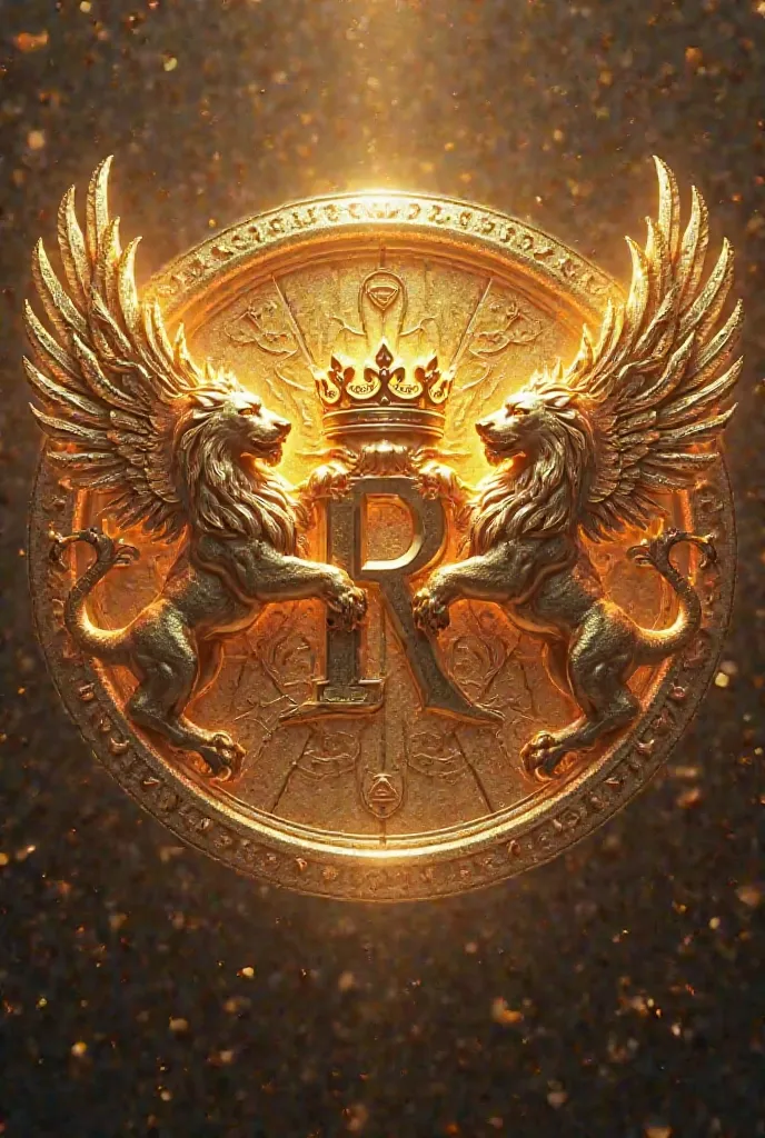 Two real shiny gold lions with wings and a large shiny letter R with a shiny gold crown on the top of the lions and a shiny circle around the lions.