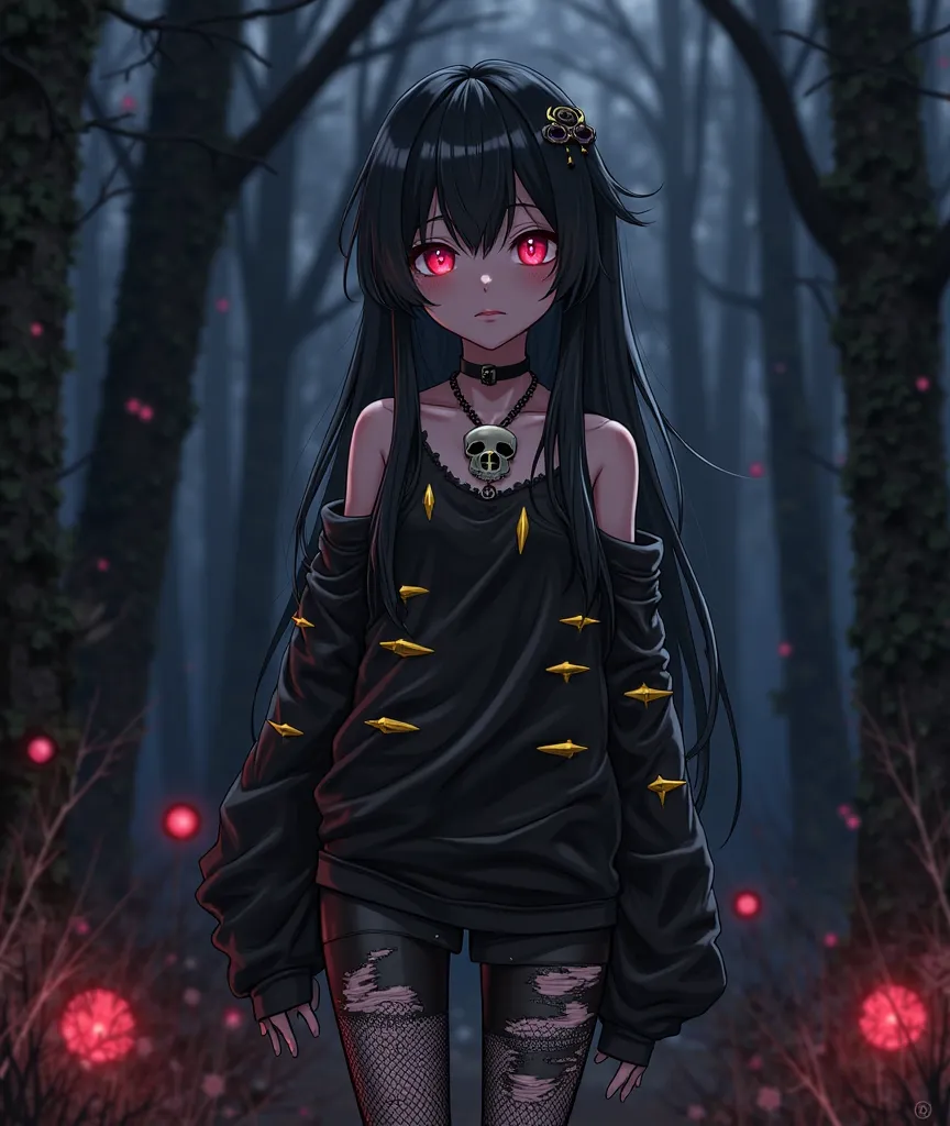  (Anime style), (High Quality),  night, forest with dead flowers on the ground, 18 year old age girl,  dark and long black hair, reddish pink eyes, Little dark clothing, black and torn vest with yellow spikes and stripes, torn black pants with holes, mesh ...