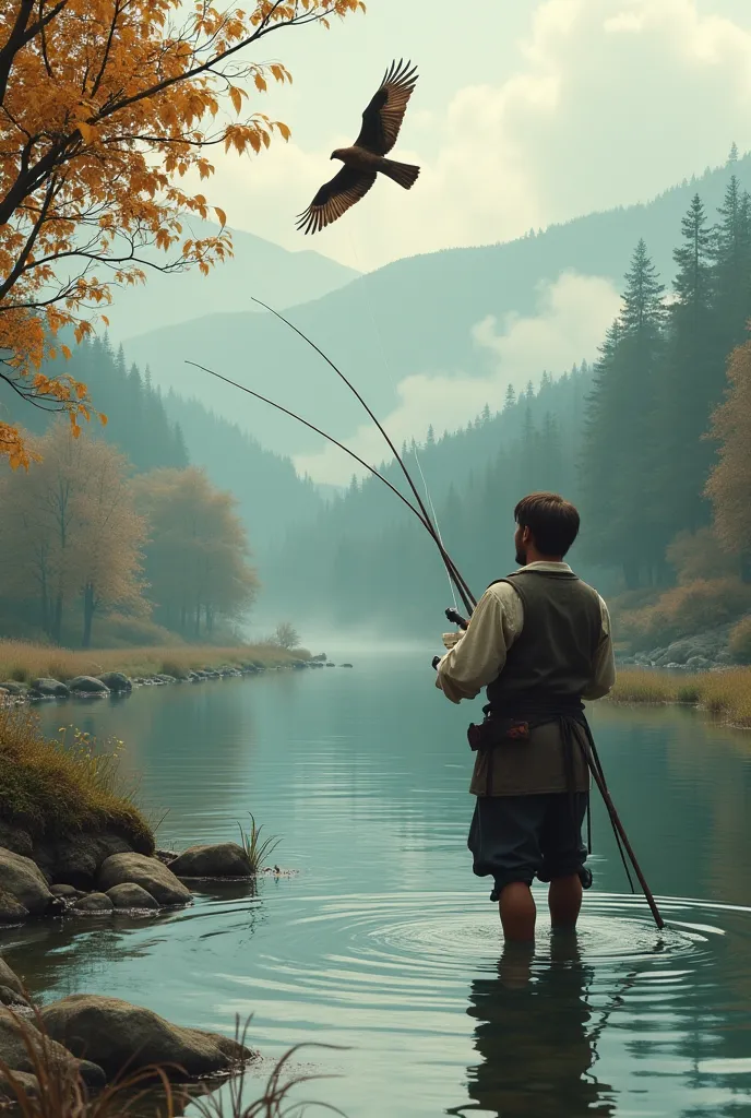  high quality, 8K Ultra HD, 1man, tall, slender, brown skin, short brown hair, medieval peasant clothes, fishing in a river, kestrel flying in the air above him, windy, leaves blowing