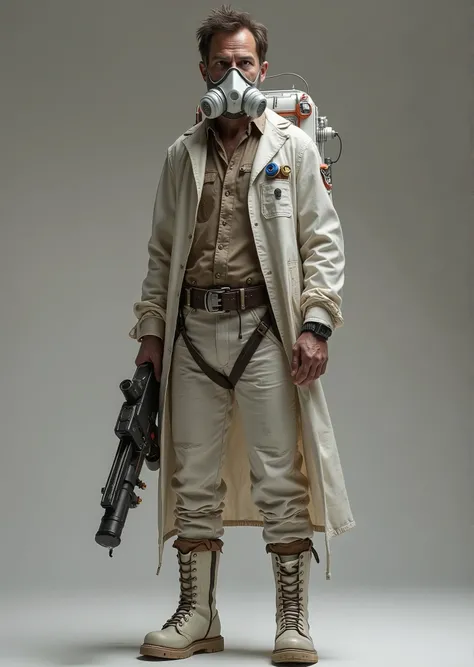 until, a man from the future, simple with old and frayed white synthetic clothes, light clothing, with white gas mask, with few technological devices, Cinematic Art, full body, science-fiction character , disheveled hair, worried face , Fight marks , wea...