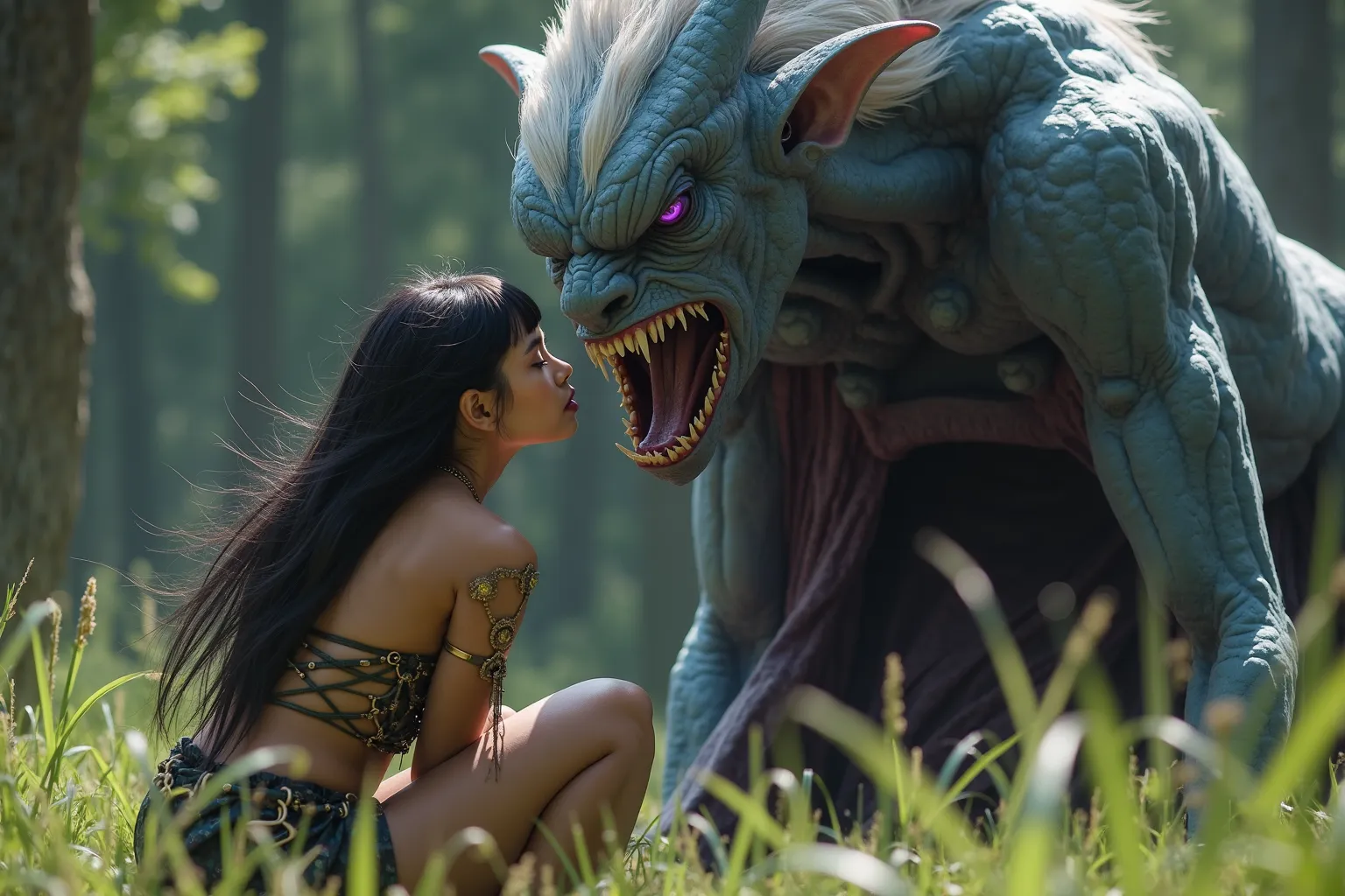 A cinematic high definition shot of 1 Elven woman, kneeling in short grass on the left of the frame. The woman has brown skin, straight black hair with blunt bangs, and purple eyes. The woman is wearing a sexy mage outfit with gold jewelry, and has a smug ...