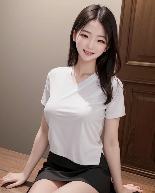 (best quality:1.2), (masterpiece:1.2), (8K:1.2), (intricate details:1.2), (cinematic light:1.2), (photorealistic:1.2), (raw, highres:1.2),A stunning cute korean young woman watching front camera, wearing sexy white shirts and black skirt, big boob, full bo...