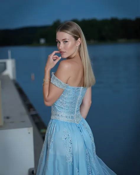 blonde light blue eye, luxurious short dress, mar lua, night, Finland