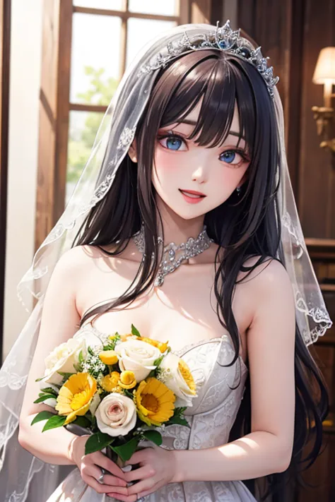 exceptional, best aesthetic, new, newest, best quality, masterpiece, extremely detailed), masterpiece, 1girl , Alone, open_mouth, smile, looking_at_viewer,hair_good, sky, wedding dress, wedding hall, bride, masterpiece, masterpiece_portrait, distinct, dist...