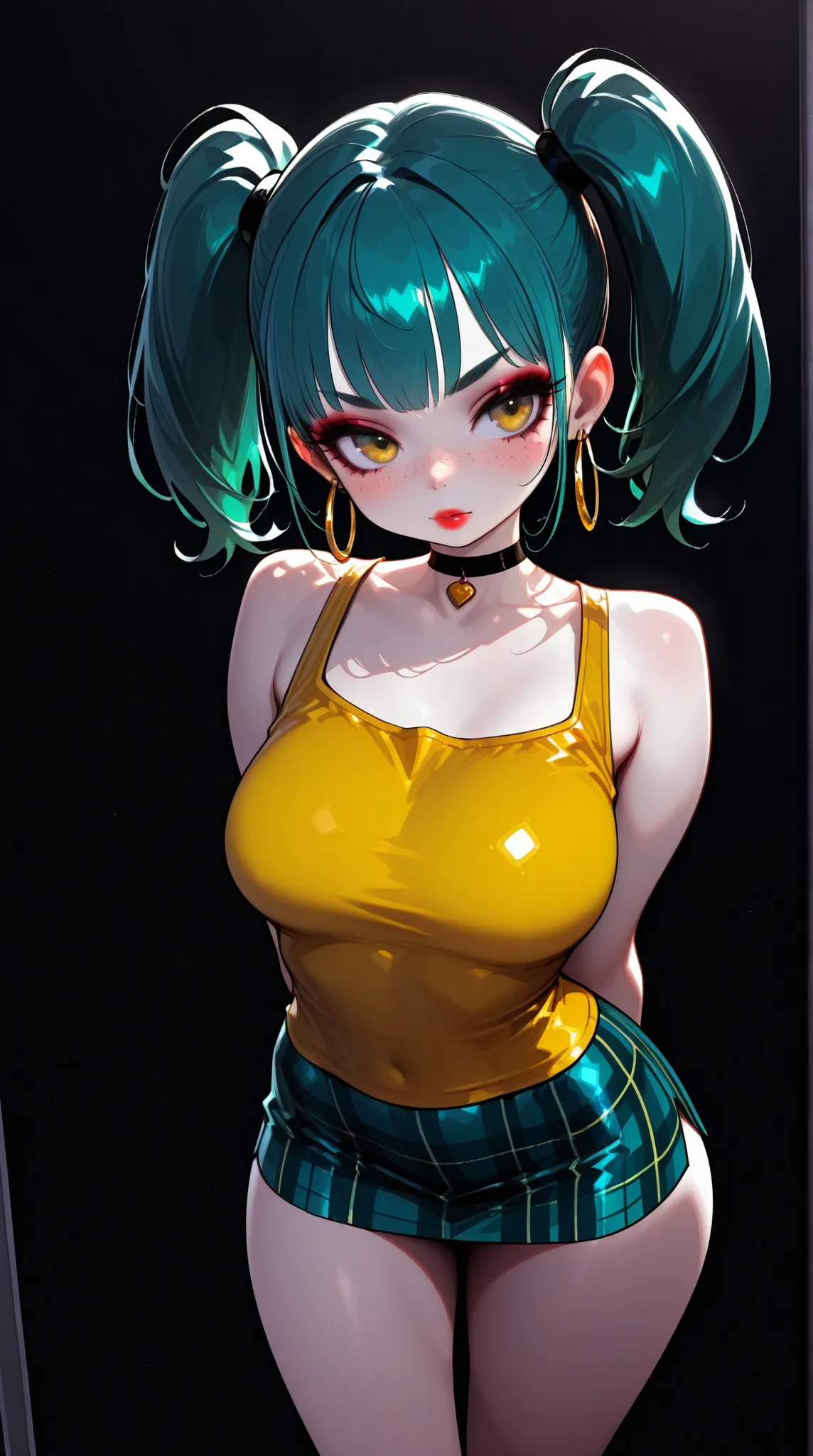 1girl, sexy asian girl, pigtails, cute face, gorgeous, cute, pretty, pretty face, pale skin, freckles, teal hair, gold eyes, red lipstick, light pink lipgloss, mascara, skinny thighs,  slender body,   innocent look, young face, black choker, large hoop ear...