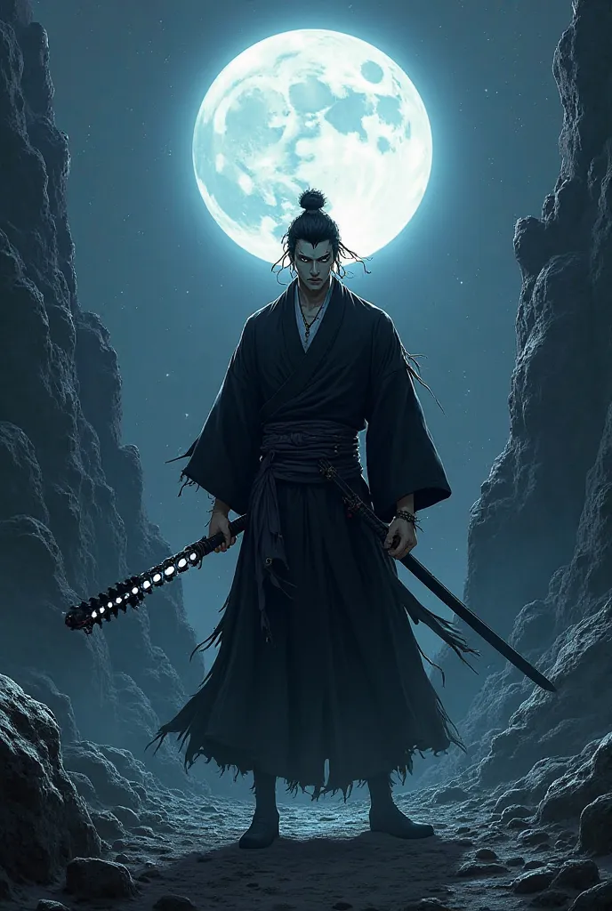 Create a full-bodied male Samurai with traits from the anime Tokyo Ghoul, holding a Long Sword shining with Black Light, your clothing is long and torn black, A Rocky Scenery on a Lunar Night