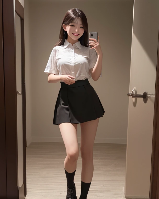 (best quality:1.2), (masterpiece:1.2), (8K:1.2), (intricate details:1.2), (cinematic light:1.2), (photorealistic:1.2), (raw, highres:1.2),A stunning cute korean young woman watching front camera, wearing sexy white shirts and black skirt, big boob, full bo...