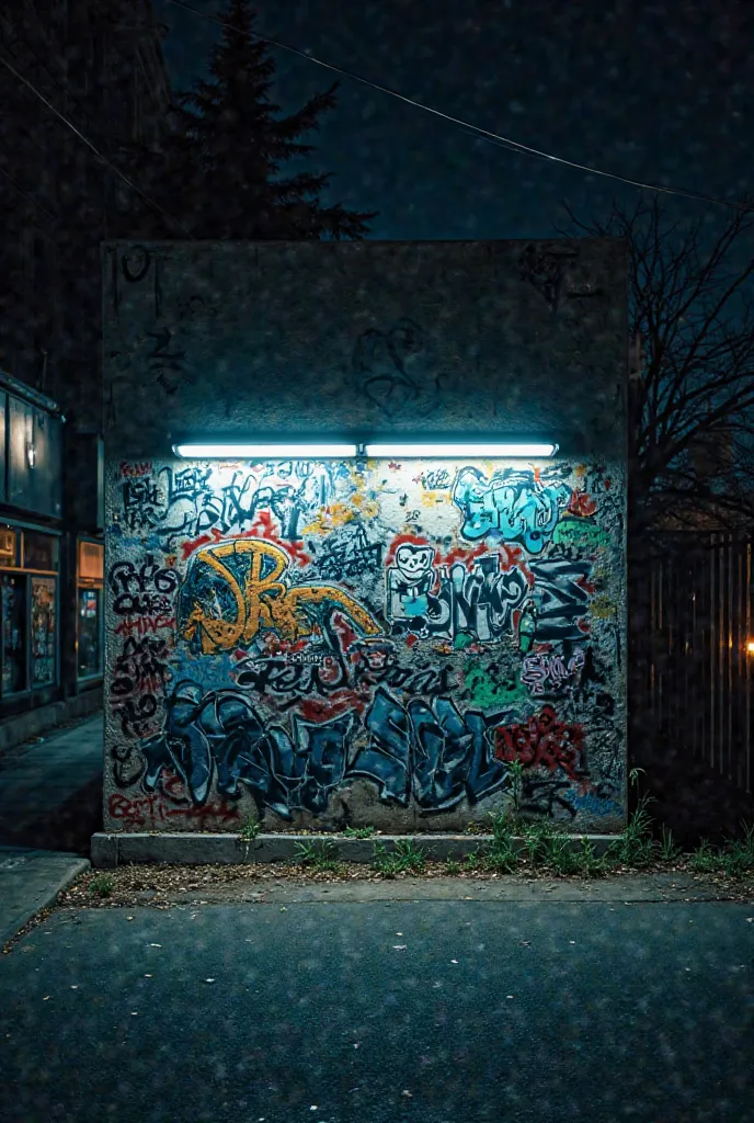 A photo in front of a wall at night with graffiti, just the wall , without people 