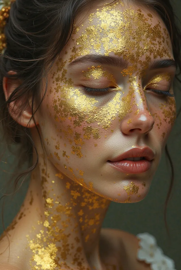 the girl's face is doused with gold paint, realistic portrait, detailization, closed eyes