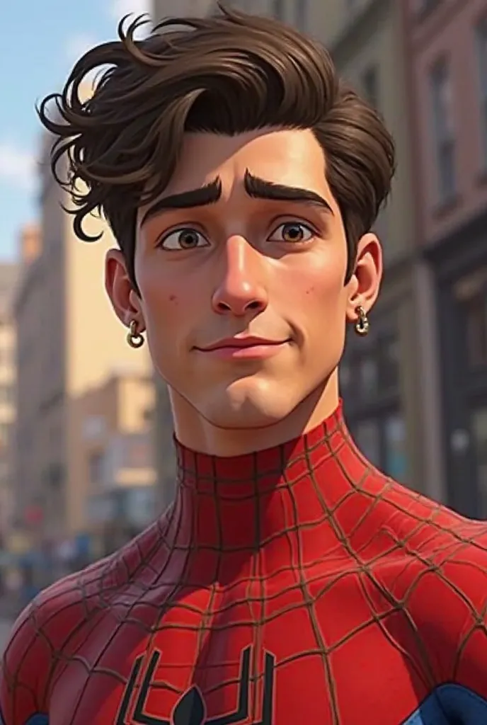 Spiderman without a mask with an oval face shape, Cut taperfade and hairstyle facing forward curly and that has a small earring, a visible mole on the jaw, without a beard or mustache, Some black and very saggy eyes,  a wide nose . That the photo is viewed...