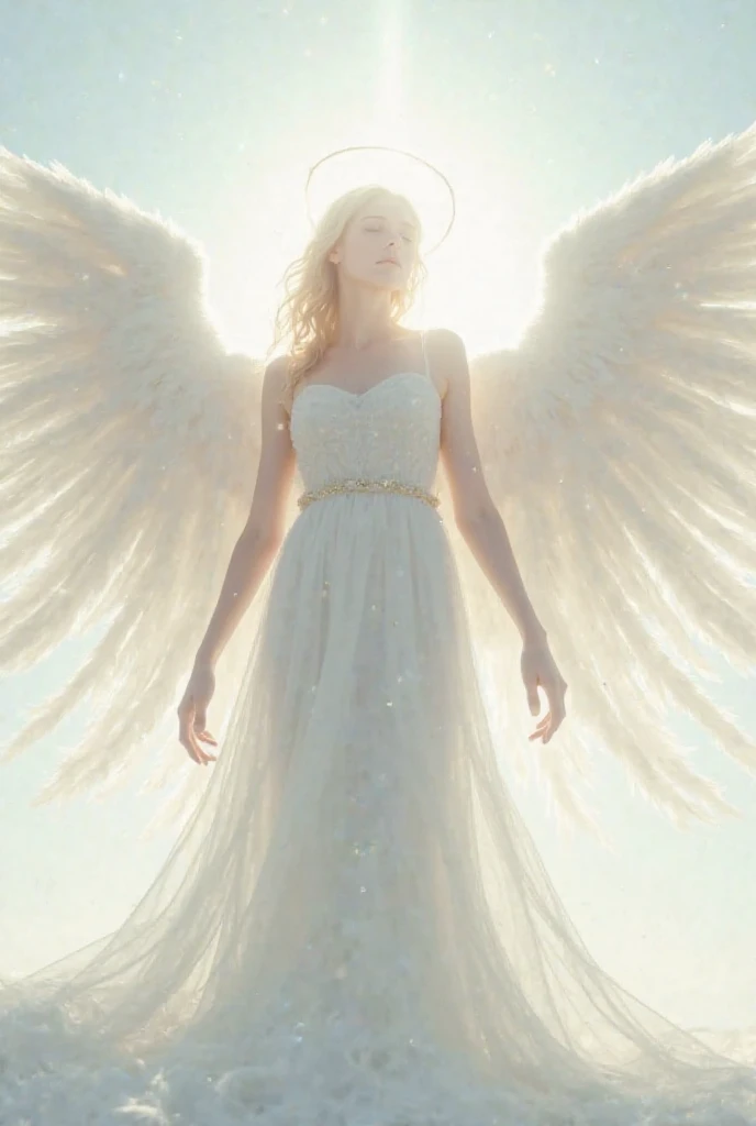 An all-white angel with white wings 