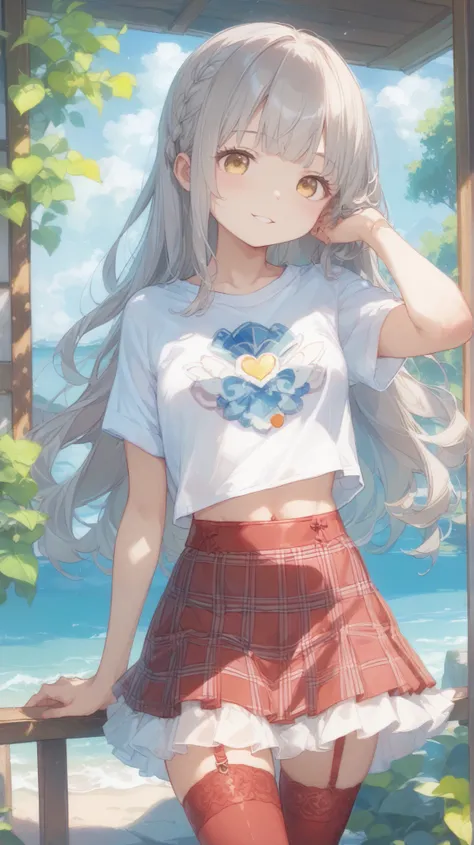 high image quality、masterpiece、 realistic 、 Perfect Anatomy, Girl, cute女の子、超 cute、Where's the hair 、Very short,、zoom、 cute、 yellow eyes、 long gray hair、 straight long hair facing the body、glass、 white t-shirt 、( gingham check culotte skirt:1.37), Red S...