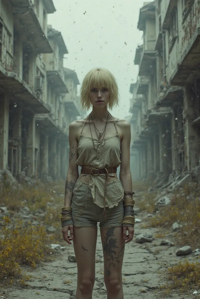  24-year-old young woman, tied up, yellow-white hair, piel blanca, short stature,  scars on arms ,  thin. In an abandoned city