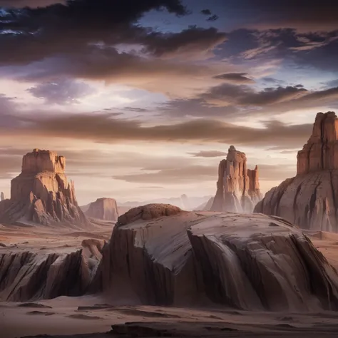 The image depicts a dramatic desert landscape with rock formations beneath a gloomy, cloud-filled sky. The colors range from earthy tones of brown and beige to darker shades of gray and purple, creating a stark and atmospheric scene.
