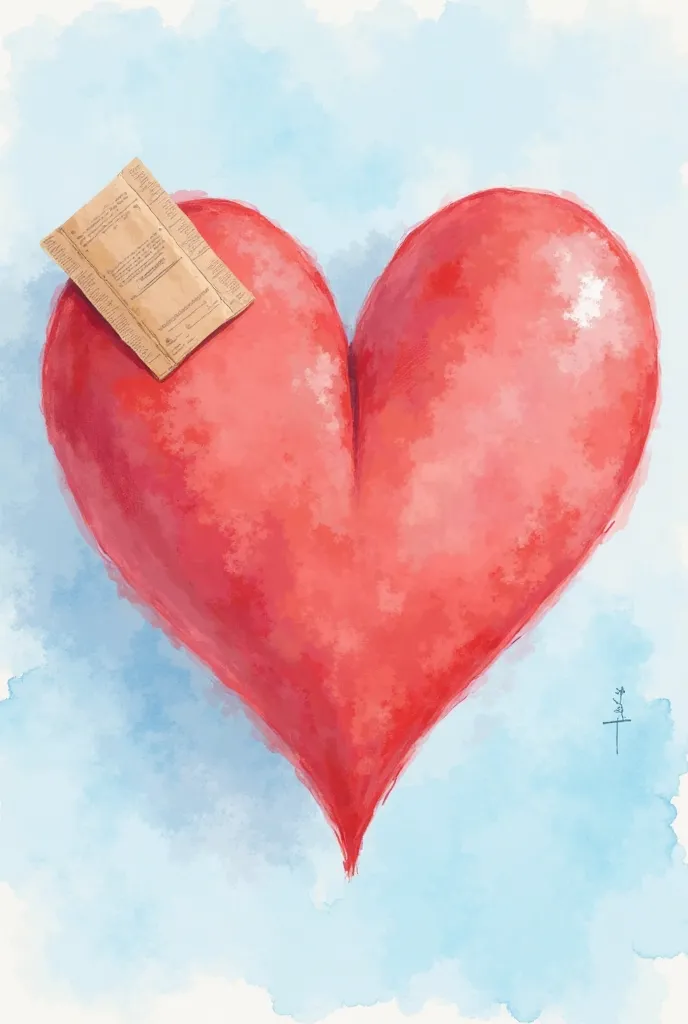 A soft, dreamy watercolor painting of a large, full red heart against a light blue sky background. The heart is unbroken, symbolizing healing and resilience. A small, gentle bandage is placed on the upper corner of the heart, blending seamlessly with the s...