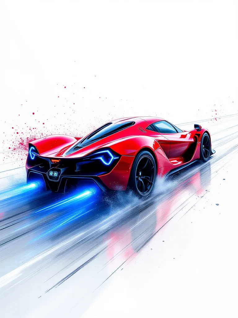 Crimson racing hypercar accelerating on a minimal white background, neon-blue dynamic light streaks from taillights, ultra-detailed reflections, holographic smoke from tires, low-angle shot, adrenaline-filled composition, ink-splatter strokes, captured in ...