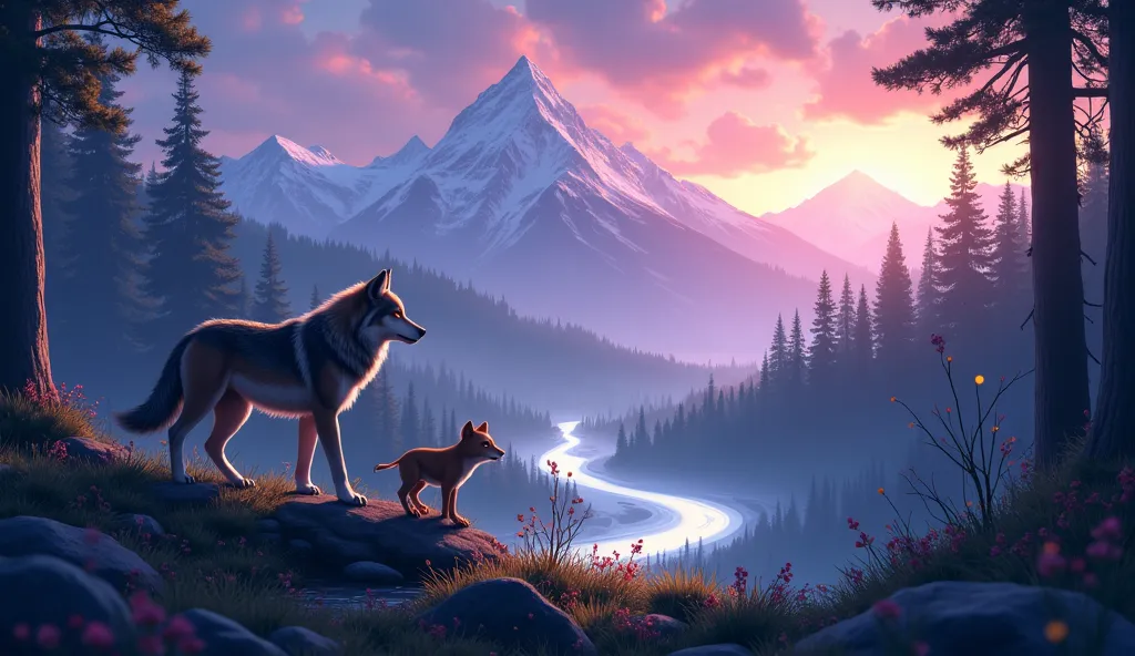 A breathtaking 3D anime-style wilderness scene with towering mountains, glowing rivers, and a dense enchanted forest. In the foreground, a brave wolf and a lost baby animal (like a deer or lion cub) are journeying together, symbolizing adventure and friend...