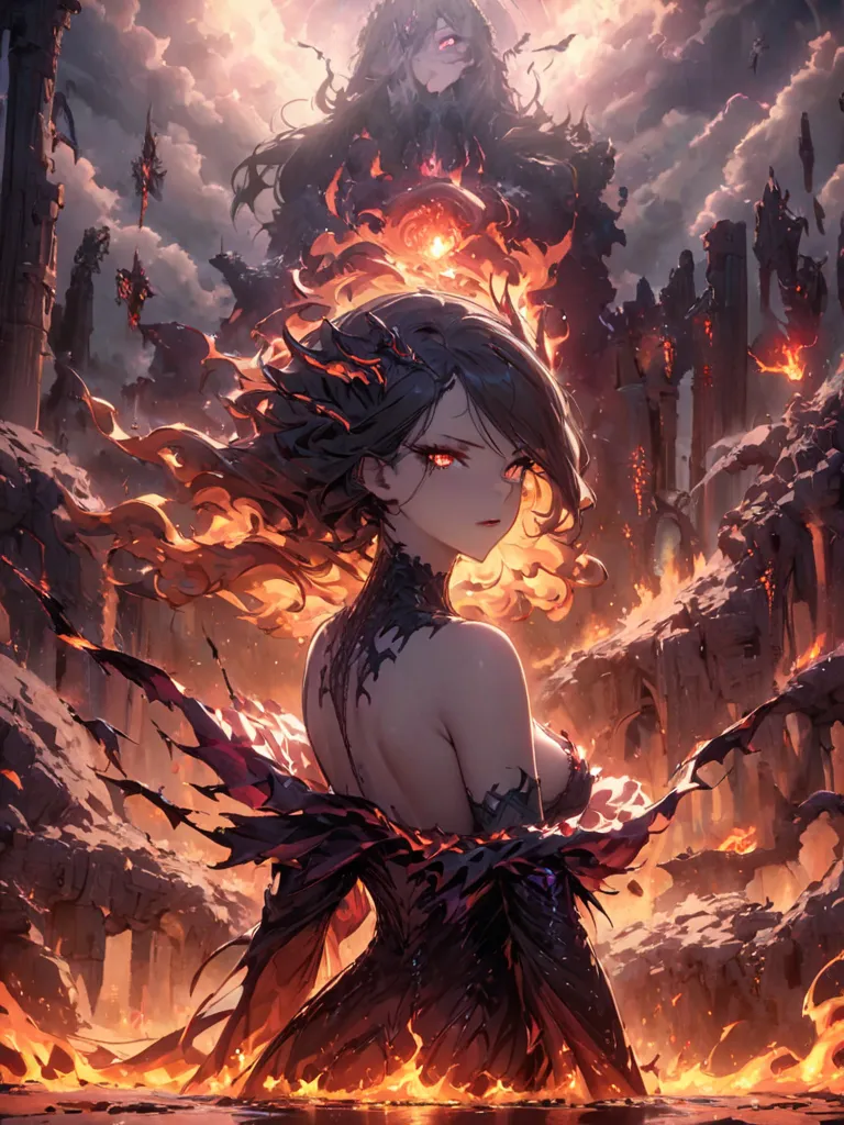 Wash's female, dazzling and detailed eyes, beautiful and detailed lips, fire-like appearance, sparkling lava body, fiery curly hair, dark fantasy scenario, sinister atmosphere, gloomy lighting, ominous shadows, ruins in ruins, ancient symbols, cracks of fi...