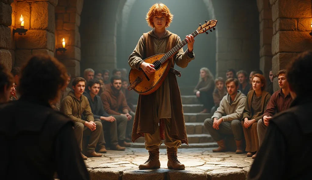 Kvothe 16-year-old ager, Shoulder-length redhead old clothes with old lute/ancient lute playing in a tavern with several people watching a small medieval stone stage. Salute in hands