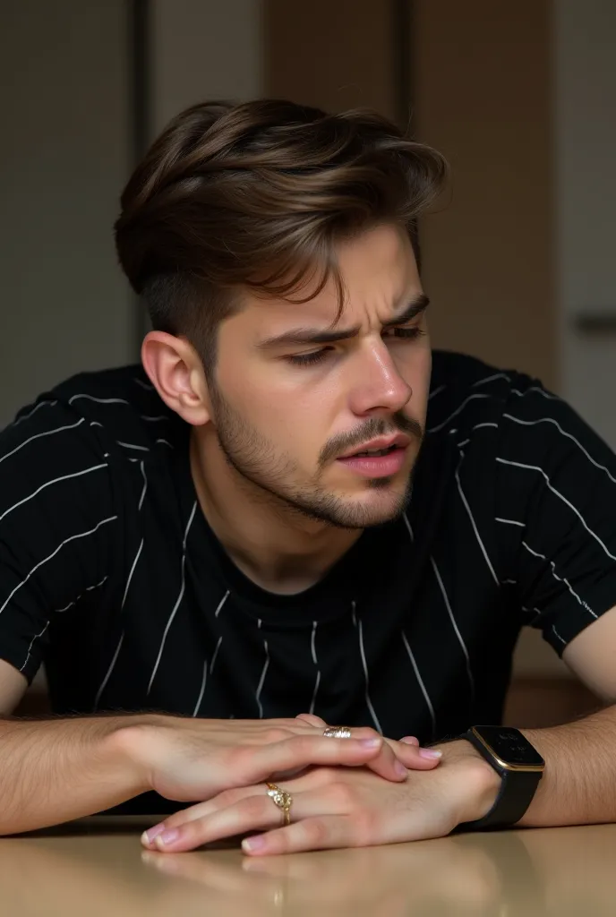 A young man with a round face has a light mustache, facial hair on the jaw and medium-length hair combed back. He wears a black shirt with white vertical lines, wears two gold rings, puts his hands on a table and his head is placed on a table as if he want...