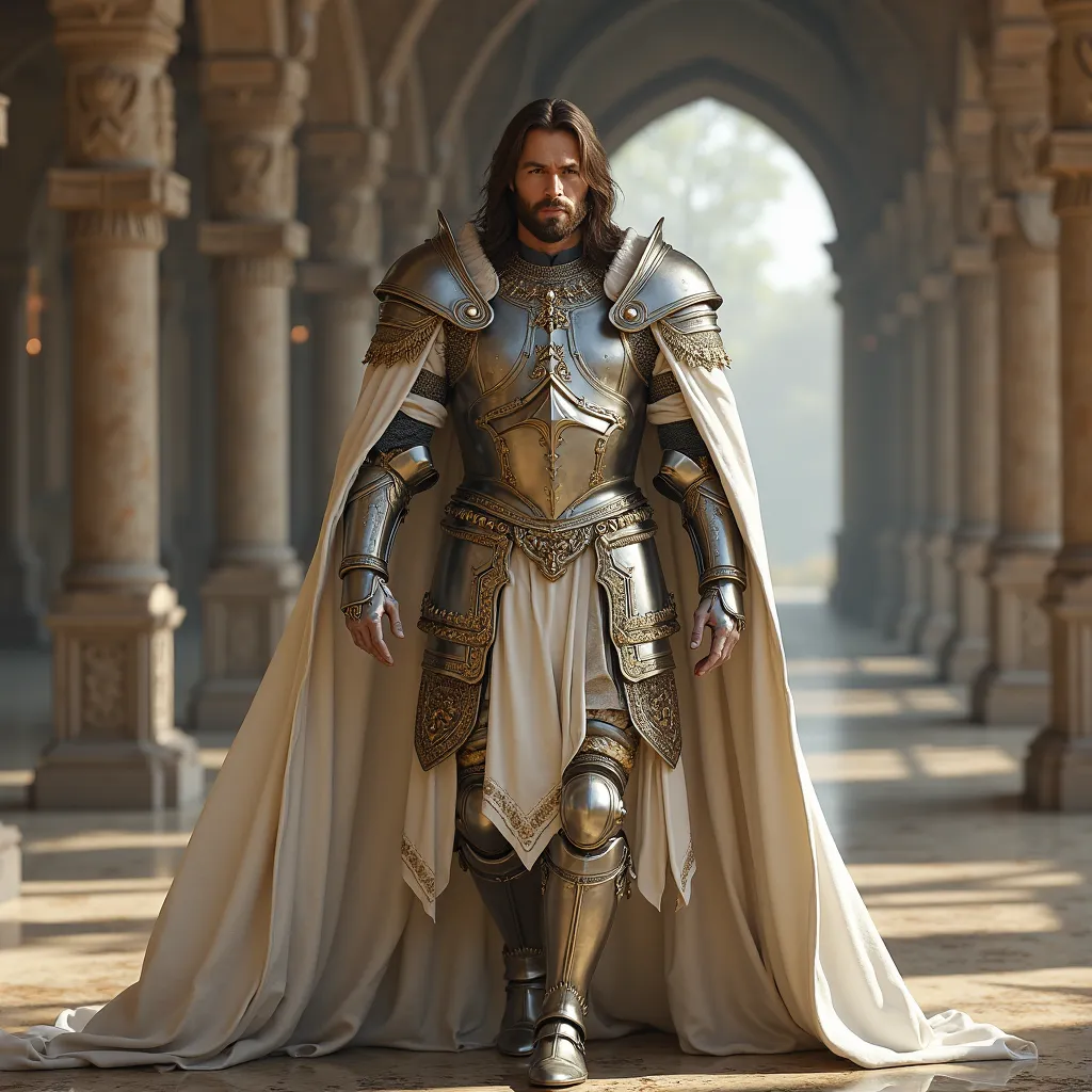 Warrior prince in impressive silver armor detailed in gold with a voluminous white cape walking in his palace. Handsome and strong man with long shoulder-length hair and short beard. ultra realistic socks, 8k. Cinematic Art.