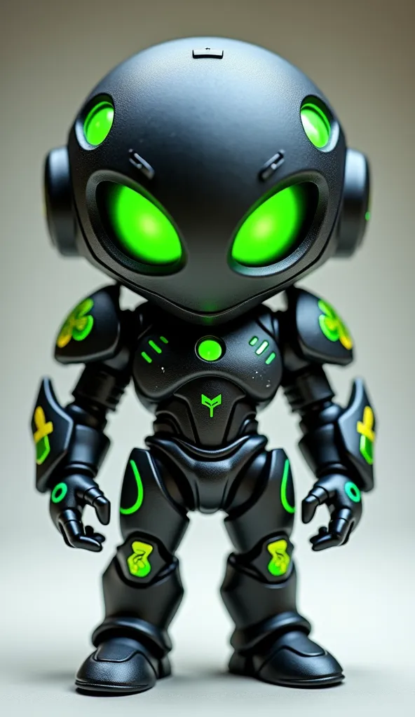  A collectible Virex ,   shown completely from the front in a fixed pose  .  Its matte black armor is the main base , with details in acid green  ,  blue and yellow finish that are distributed in a balanced way ,   reflecting a poisonous and corrupt design...