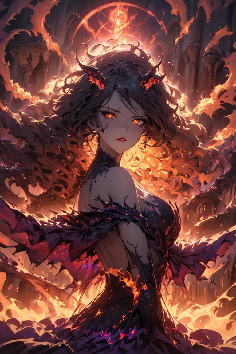 Wash's female, dazzling and detailed eyes, beautiful and detailed lips, fire-like appearance, sparkling lava body, fiery curly hair, dark fantasy scenario, sinister atmosphere, gloomy lighting, ominous shadows, ruins in ruins, ancient symbols, cracks of fi...