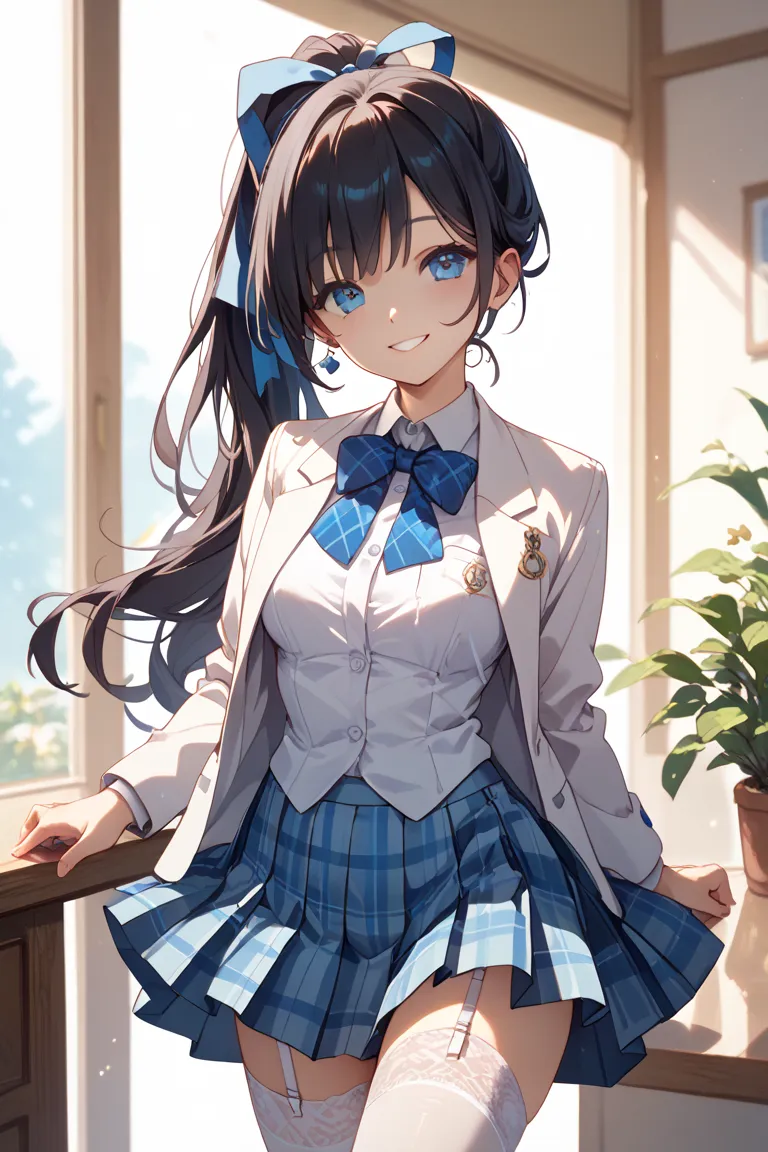  white blazer 、blue plaid pleated skirt、 white Y shirt、white garter belt、white stockings、 blue ribbon on the chest、smile、 dark hair、 hair