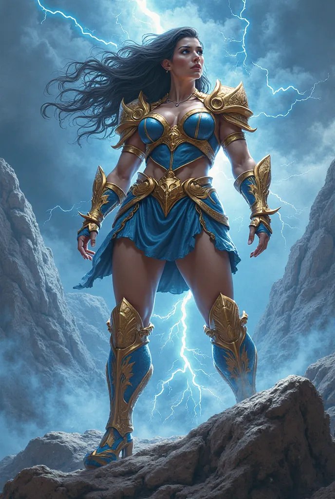 A statuesque, busty warrior stands atop a mountain peak, lightning crackling around her. Her gold and blue battle armor highlights her massive curves, her thick thighs grounded in power. With a fierce gaze and a powerful stance, she summons a storm, ready ...