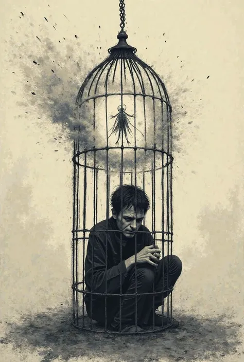 a frustrated person locked in a cage and that drawing inside a cloud of thought, That the drawing is minimalist not realistic