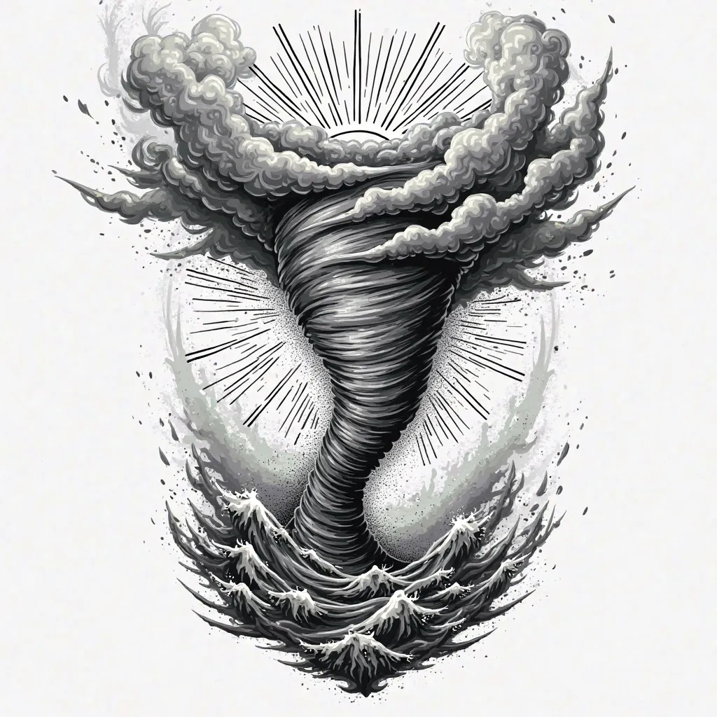 Create a tornado tattoo, with clouds, Waves and rays,  in black and white