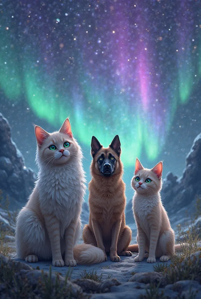 Un chat maicoon une brien et baige au yeux bleus vert derrière un chien malinois protecteur un yeux verts et lotre Maron paysage avec des étoiles sintiente et des aurores boréales violet et vert