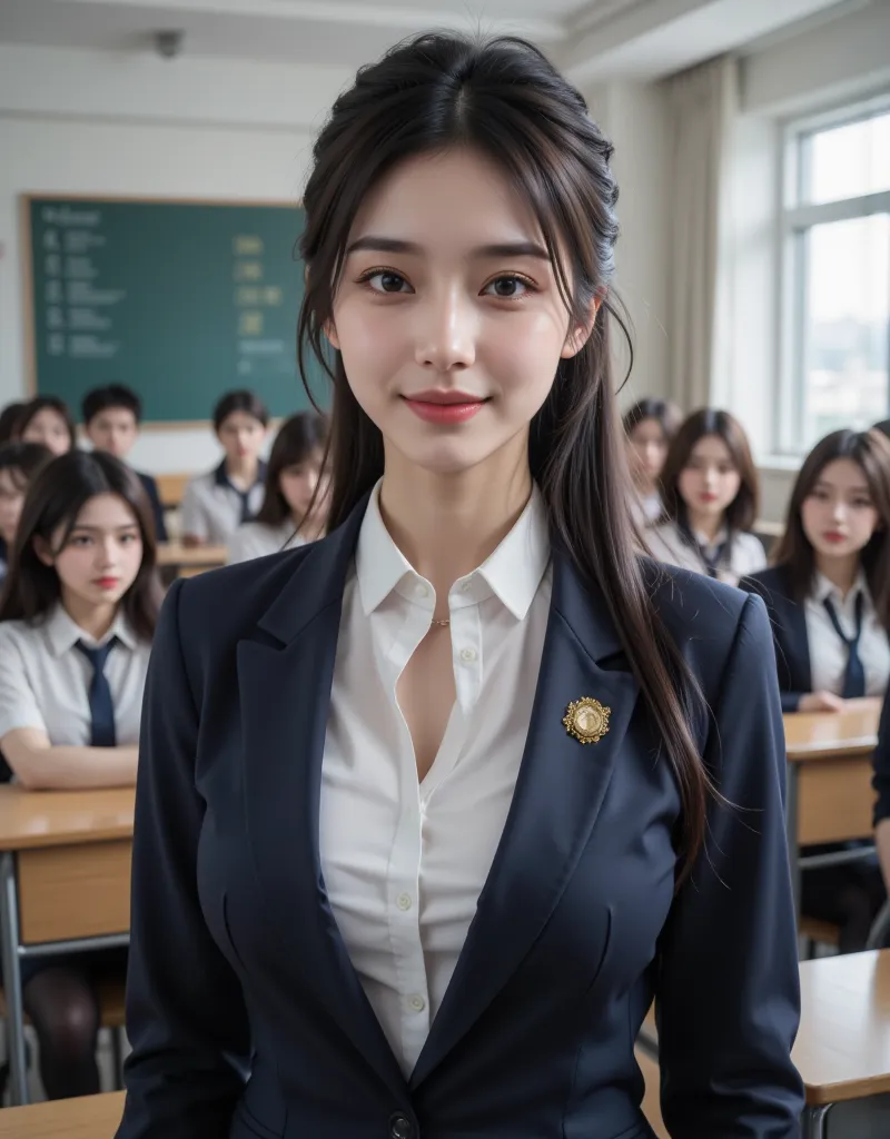 (Super Gorgeous Busty Korean Female Teacher Standing Close to Camera in School Classroom:1.2)(Grinning,smile:1.1)(Beautiful Sweat:1.1)(16k,  RAW photos , top quality, masterpiece: 1.2),( cute ponytail with glossy black hair ) Super Detail, super resolution...