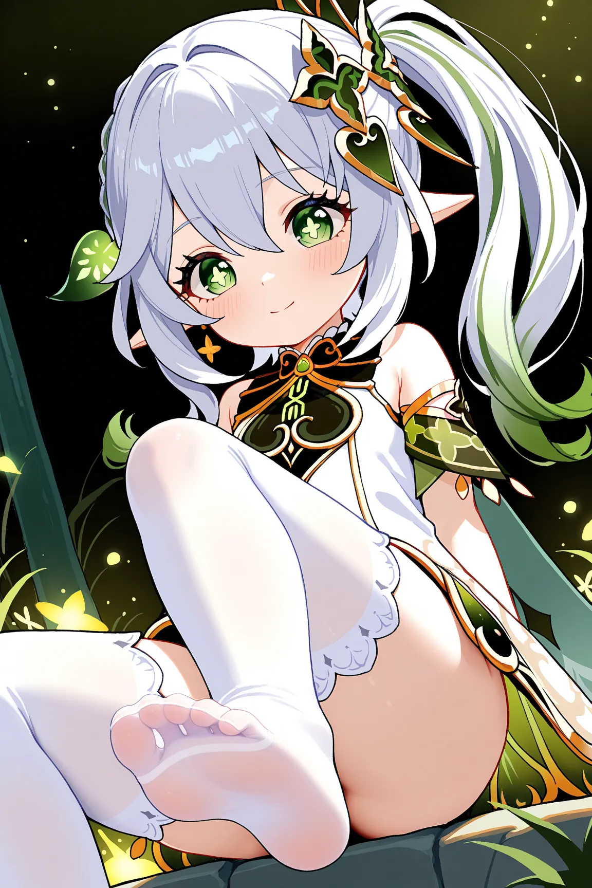 1girl,nahida(/genshin impact/),toddler body,pointy ears, earrings,white thighhighs,green eyes, sidetails, light particles long hair, short sleeves,symbol-shaped pupils, small breasts, positive theme, sunrising, focus on foot, light                         ...