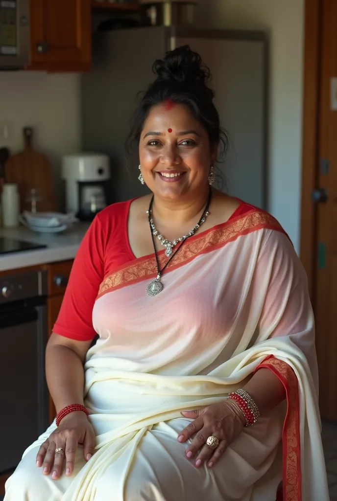 married Indian woman of 40 years looking at the viewer, wearing a long transparent white silk sari made of shiny polyester, shiny and reflective plus size and a red silk blouse , big fat ass,wide hips,big thighs, Big Chest Picked Up, voluptuous body,Fat an...