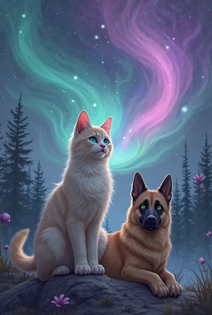 Un chat maicoon une brien et baige au yeux bleus vert derrière un chien malinois protecteur un yeux verts et lotre Maron paysage avec des étoiles sintiente et des aurores boréales violet et vert