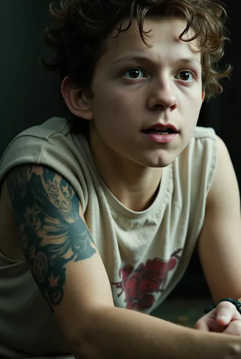 Ultra-HD cinematic close-up movie poster, gothic horror action aesthetic** , score_9, score_8_up, score_7_up, highly detailed, 16k,(((SPIKED HAIR, TATOO))), , boy on FLOOR, FULL BODY, (((CAMERA VIEW FROM FAR))), , , YOUNG BOY, , , ,, soft front right and l...