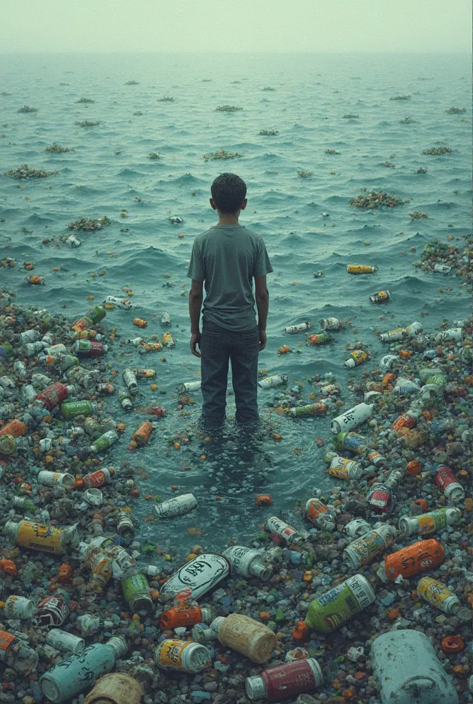 Create an illustration-style image showing a sea polluted by plastic bottles, garbage, and waste that human beings occupy 