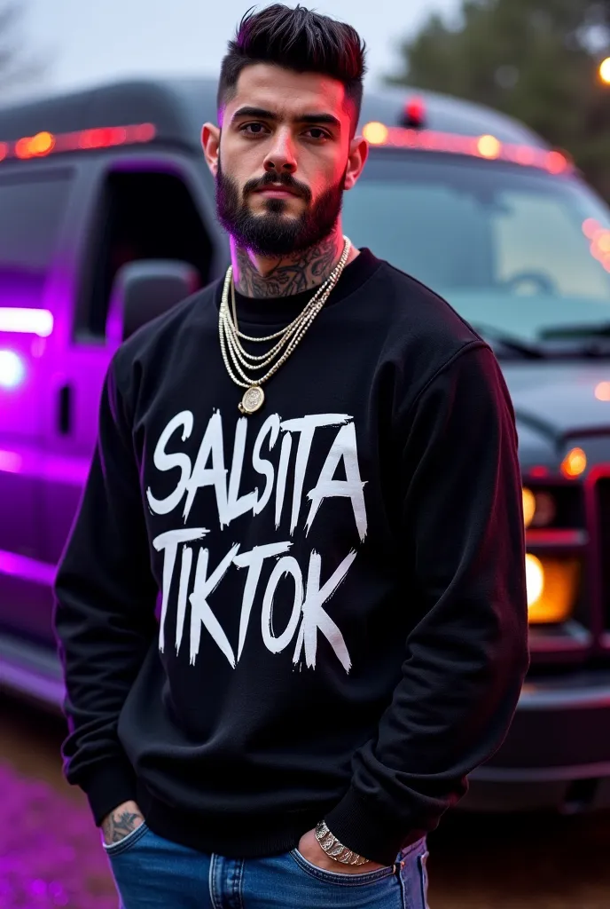 Handsome handsome Latino man with beard realistic photo high quality photo Handsome face by Ragnar Lodbrok ,  Italian beard style mustache  , muscular.   definite mandible , tatuajes. wide black sweater that reads  *SALSITA TIKTOK*  in white graffiti lette...