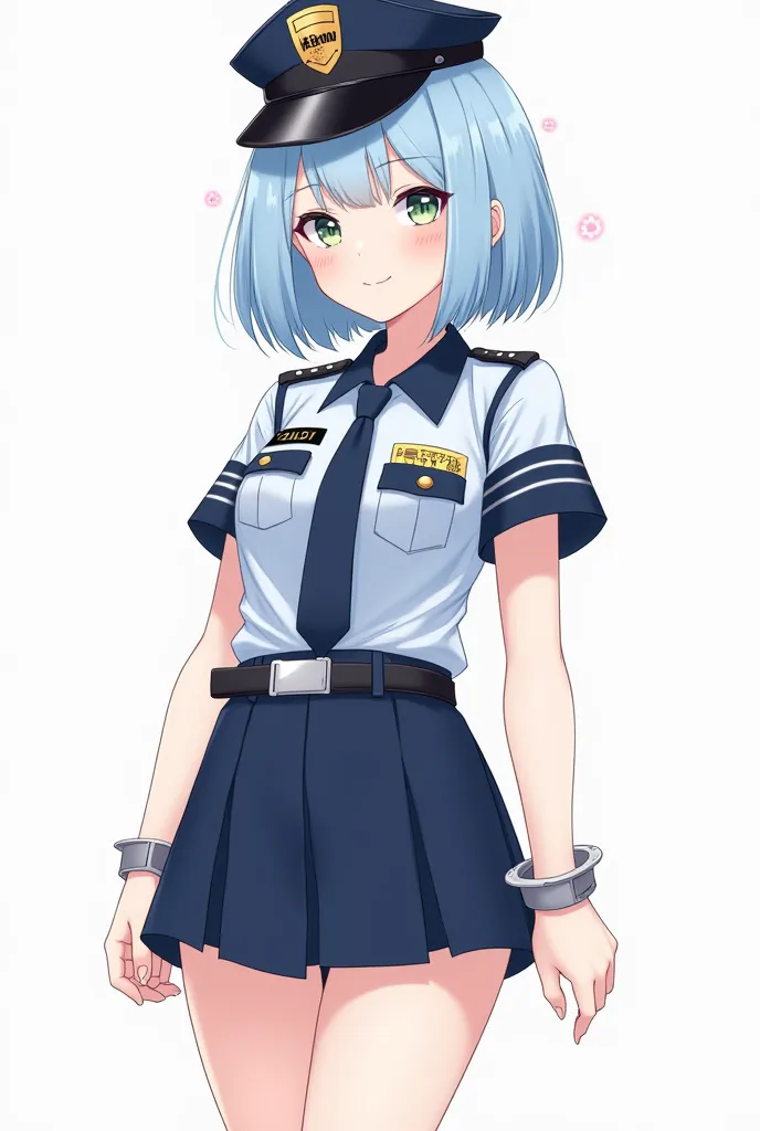 Illustration of a cute and beautiful girl dressed as a police miniskirt
The hair is light blue with bob hair　Put handcuffs on your hands