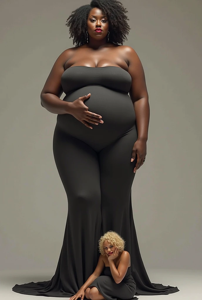 A female giant, bbw, black, pregnant,  tight dress  , Dominating a petite blonde, full body image