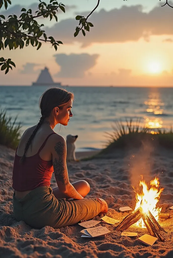 A girl with military hair tattooed, White woman with shorts sitting in the sand still next to a burning fire and lots of love letters thrown in the sand and on the campfire an island on the horizon and I want a beautiful view during the day or at dawn 