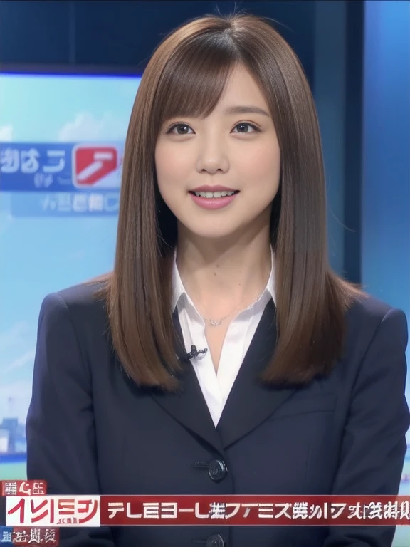 best image quality、ultra high definition、1 girl、Beautiful appearance、 announcer in a tight long-sleeved suit、Sit in the studio、newscaster