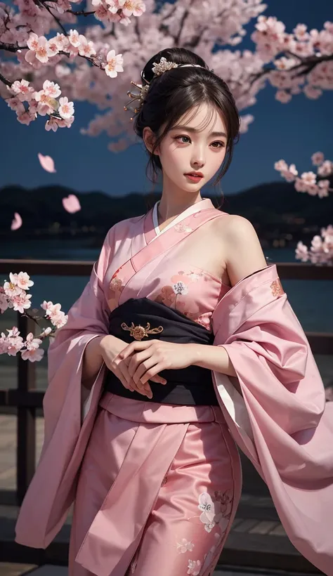 While cherry blossom petals are dancing at night　A young and beautiful Japanese geisha wearing a beautiful and luxurious kimono、They are performing a dance　high image quality during sick leave、high quality、realistic、Super Detail　actual 4k8k    