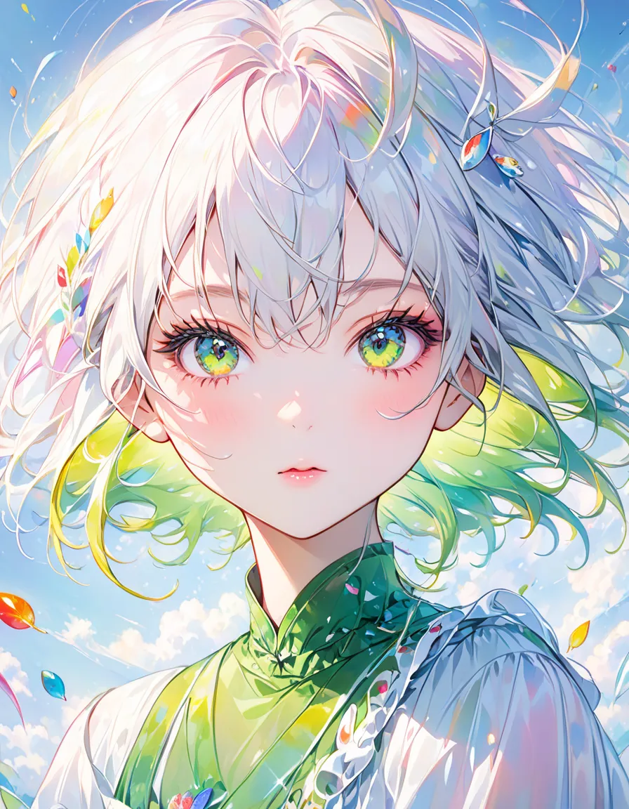  ultra-fine in 8Kレンダリングスタイル,girl、Shine, surreal watercolor,Shine瞳,Rainbow、face up、Front angle background is white、 Silver Hair、The neckline is green、side hair is green、medium hair、big eyes、long eyelashes、eyeshadow、pink cheeks、Clear and beautiful skin、beaut...